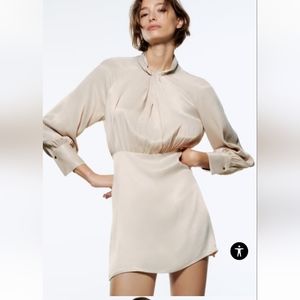 Zara dress cream mini satin effect knot detail long sleeve cocktail beige M